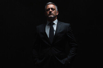 Fototapeta premium A powerful portrait of a confident businessman in a suit standing with hands in pockets against a dark dramatic background