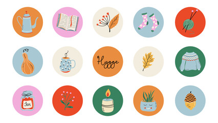 Hygge highlight covers for social media. Set of cute flat design Autumn clip art. Hand drawn icons with cozy Fall elements. Stickers, weekly planner elements.
