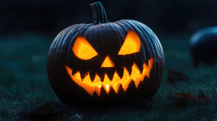 Fototapeta premium Pumpkin carving featuring a spooky face with glowing eyes.