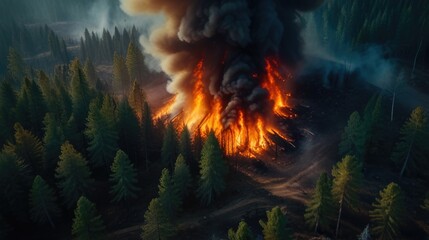 Aerial view of wildfire in the pine forest