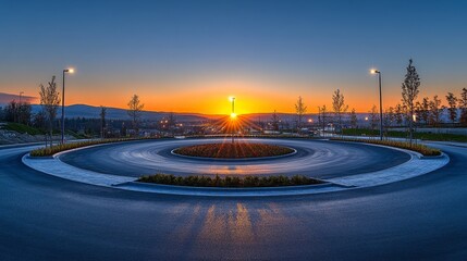 Empty large roundabout with clean sidewalks and modern streetlights under a clear blue sky. This backdrop creates a professional and stylish backdrop for a car show.