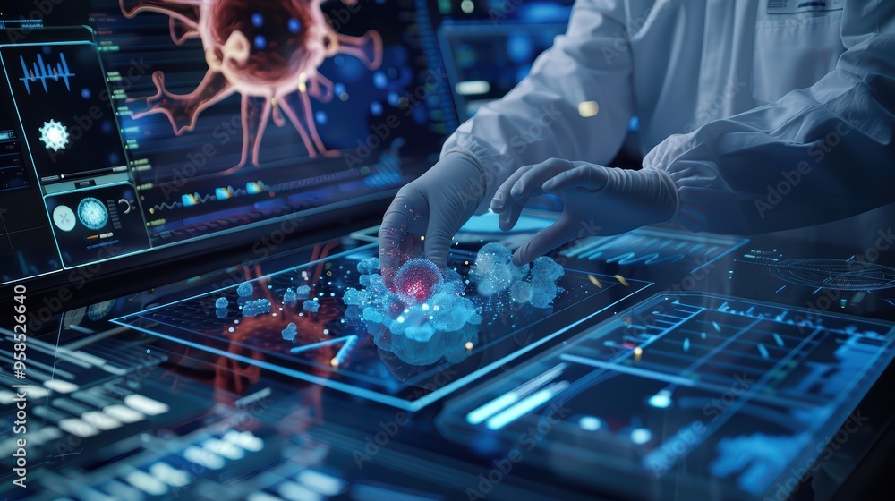 Poster a scientist analyzes molecular structures in a high-tech laboratory, showcasing cutting-edge technol