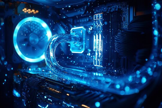 Closeup of a computer motherboard with blue LED lighting and a liquid cooling system