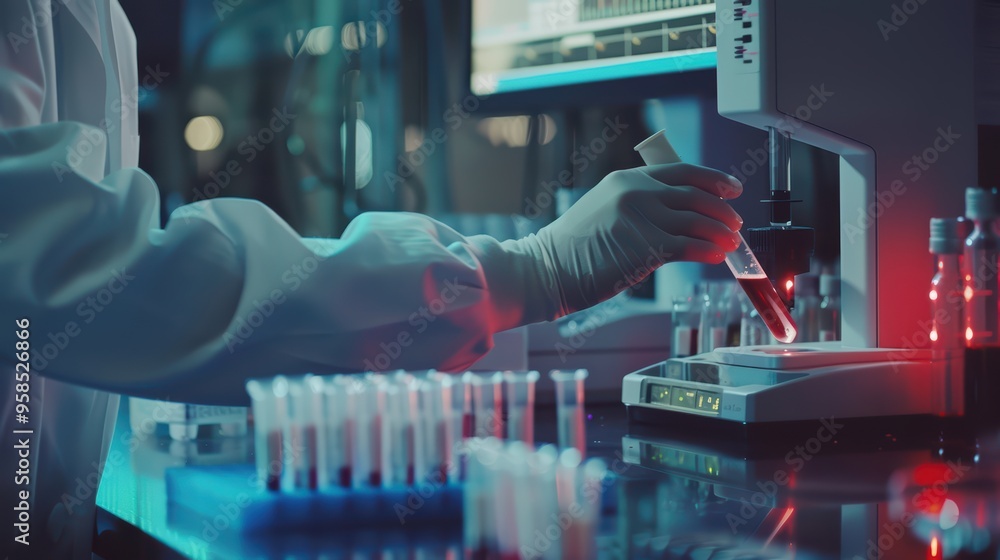 Poster a scientist conducts an experiment in a modern laboratory, using test tubes and advanced equipment t