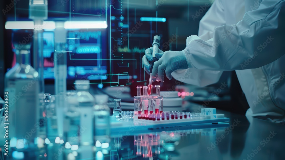Poster a scientist conducts experiments in a modern laboratory, showcasing advanced technology and precise 
