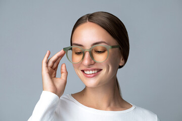 Eye wear fashion. Eyeglasses, optic, healthy vision concept  Portrait of a young woman with brown...