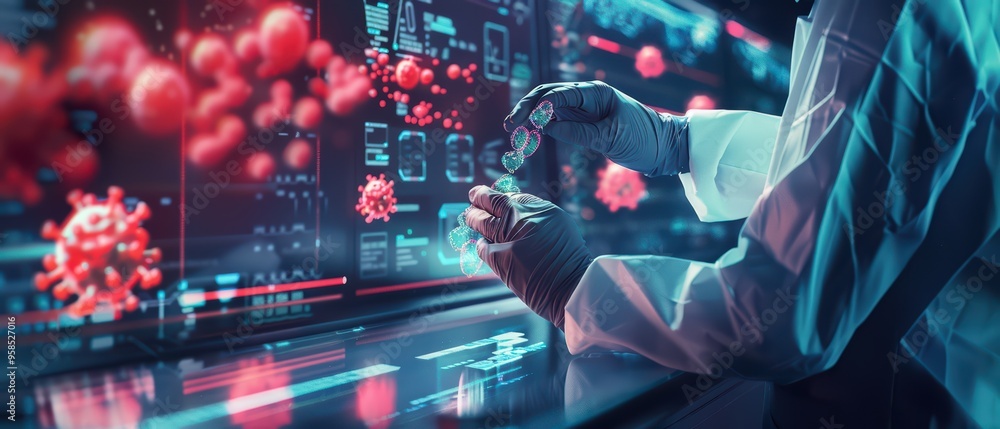 Aufkleber a scientist examines samples in a high-tech laboratory with digital displays highlighting pathogens 