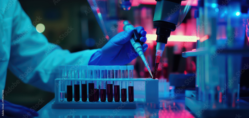 Poster a scientist in a lab, using a pipette to transfer liquid from test tubes, showcasing advanced labora