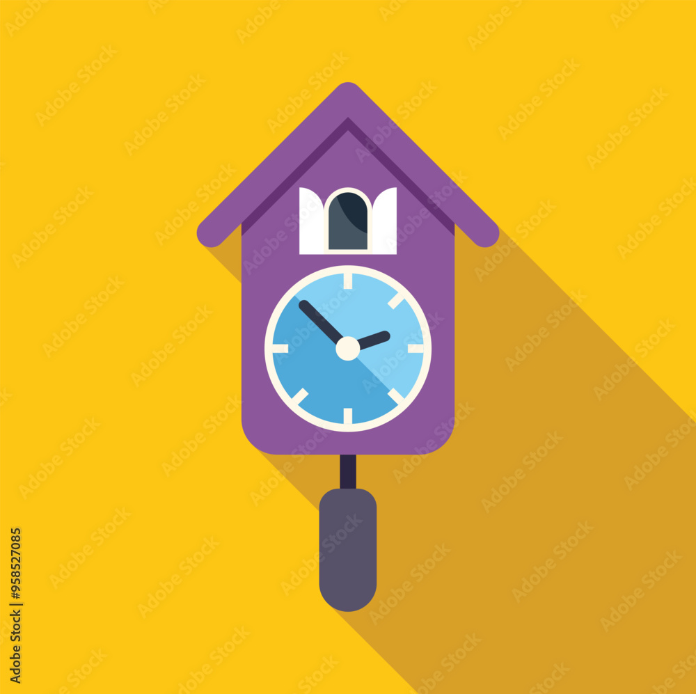 Poster purple cuckoo clock with swinging pendulum telling the current time in a minimalist flat design styl