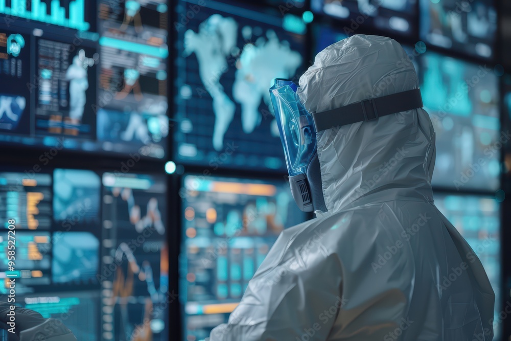 Poster a scientist in protective gear analyzes data on multiple screens, showcasing advanced technology in 