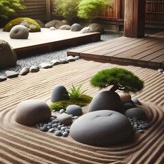 Zen Garden with Smooth Stones and Raked Sand