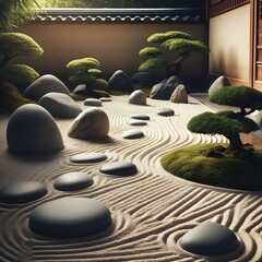 Zen Garden with Smooth Stones and Raked Sand