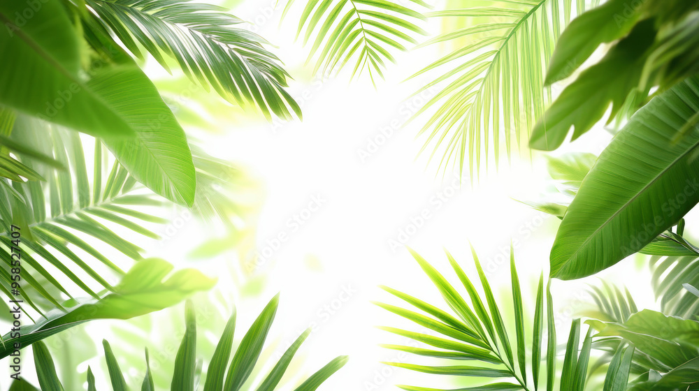 Poster sunlight filtering through lush green tropical leaves, creating a serene and vibrant natural canopy.