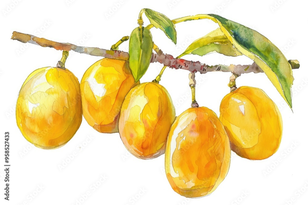 Poster Organic Marula Oil. Hand-drawn Watercolor Illustration of Exotic African Fruit for Skincare and Haircare