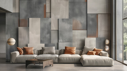 Living room with a sofa and a wall covered in asymmetrical, layered rectangles in varying shades of gray. home interior design concept 