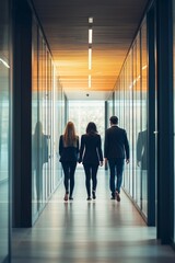 Three people walking down a hallway, one of them is wearing a suit. The hallway is very long and has a lot of windows