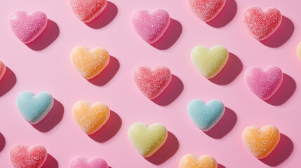 Colorful Heart-Shaped Gummies on Pink Background