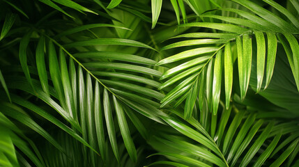A close-up of lush, vibrant green palm leaves overlapping each other, showcasing the natural beauty and intricate patterns of tropical foliage.