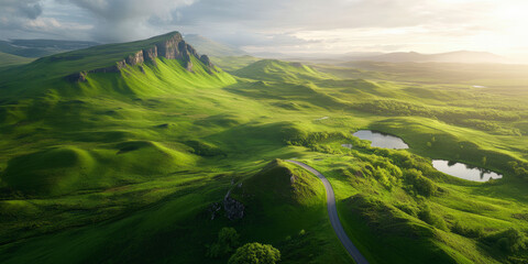 A breathtaking landscape features rolling green hills, a winding road, serene lakes, and majestic mountains under a gently clouded sky.