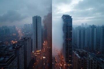Obraz premium The urban skyline shows a stunning contrast with one side engulfed in dense fog while the other reveals tall buildings, presenting an enigmatic and captivating cityscape at dawn.