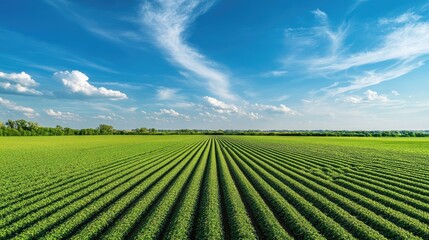 A vast expanse of green farmland, dotted with rows of crops, set against a backdrop of clear blue skies
