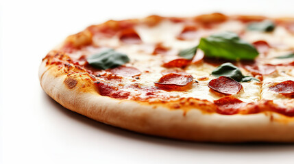 A delicious pepperoni pizza topped with fresh basil leaves, baked to perfection with a golden crust and melted cheese, showcased on a clean white background.