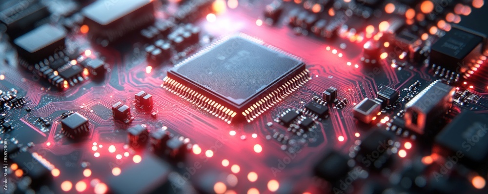 Poster close-up of a central processing unit (cpu) chip on a red circuit board with glowing lights.