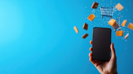 A hand holds a smartphone with shopping items falling, symbolizing online shopping and mobile commerce on a blue background.