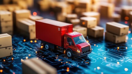 A miniature red truck on a digital circuit board with cardboard boxes, symbolizing modern logistics and shipping innovations.