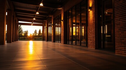 A serene indoor space featuring modern architecture, wooden beams, and warm lighting, highlighted by a stunning sunset view.