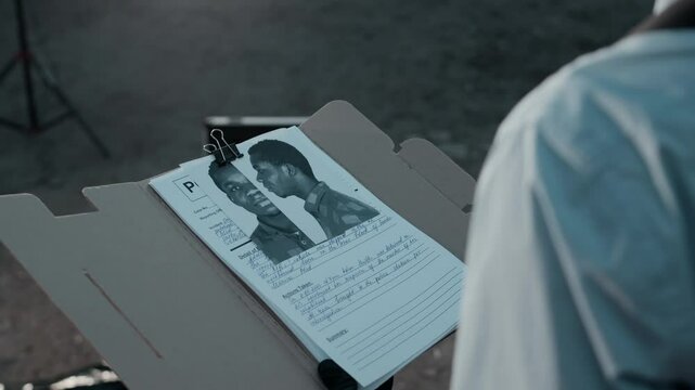 Over shoulder arc shot of unrecognizable police detective holding Black male suspects profile folder with gloved hands while investigating crime scene at night