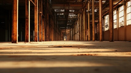 Abandoned industrial space featuring weathered pillars and soft sunlight streaming through windows, creating a nostalgic atmosphere.