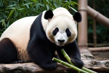 Obraz premium Sleepy Panda Relaxing on Bamboo in Serene Sanctuary Environment