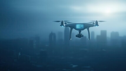 Fototapeta premium Automated security drone, holographic CCTV interface, futuristic cityscape, cuttingedge technology