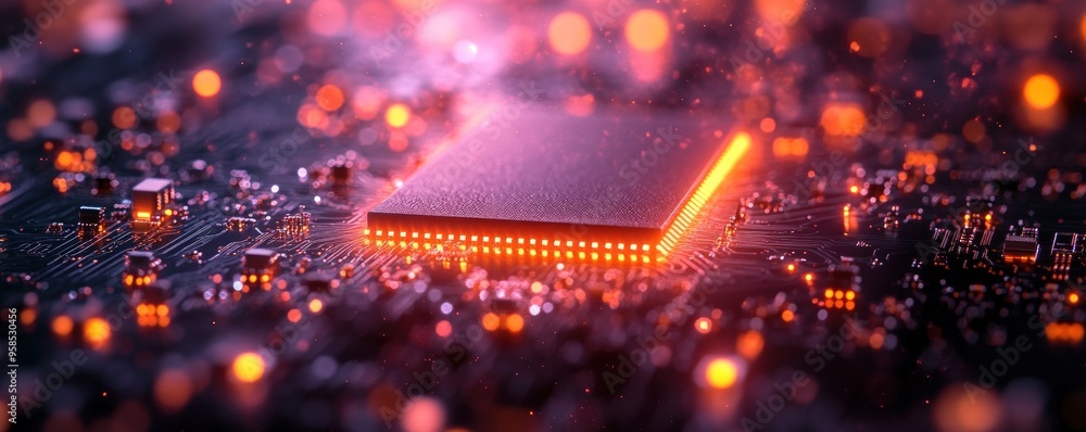 Poster close up of a computer chip with glowing red lights.