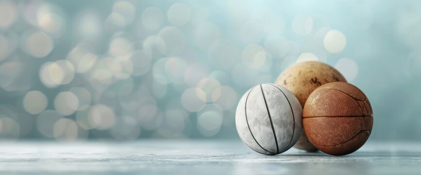 Three sports balls, one of which is a basketball, are sitting on a table