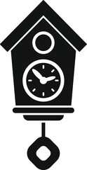 Black and white icon of a cuckoo clock hanging on a white background showing the time