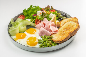 Breakfast with fried eggs, ham, vegetables salad and toasts on plate, banner, menu, recipe copy space, top view
