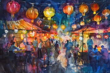 Naklejka premium A vibrant watercolor painting of a night market filled with glowing lanterns and bustling crowds enjoying the atmosphere.