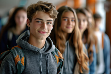 Obraz premium Group of Happy Teenage Students at School Hallway in Casual Clothing