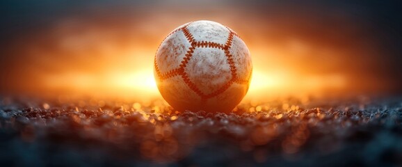 Fototapeta premium A white baseball sits on a field with a bright orange sun in the background