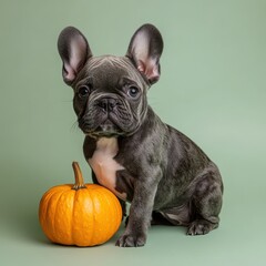 French Bulldog puppy sitting next to a small pumpkin on a green background