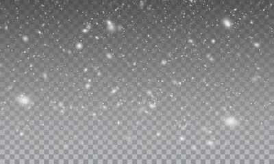 Fototapeta premium Christmas snowflakes on a transparent background. Snow flakes, snow background. Heavy snowfall, snowflakes in different shapes and forms. Snow realistic landscape background