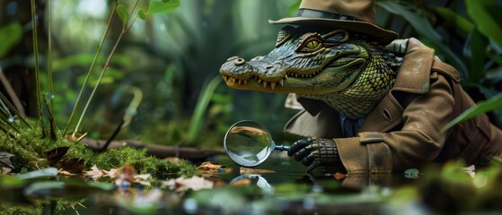 Obraz premium A whimsical crocodile detective in a lush jungle, observing nature through a magnifying glass. Adventure and mystery await.