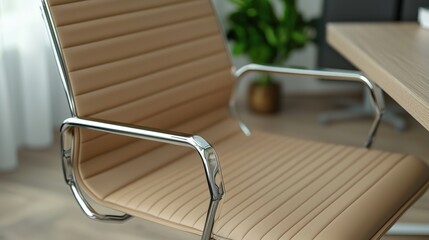 Closeup View of Beige Leather Office Chair with Chrome Armrests