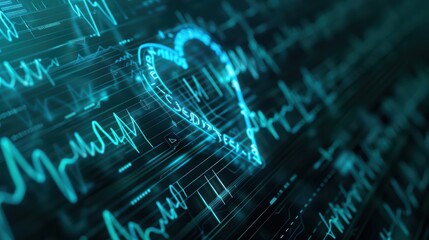 Fototapeta premium Abstract digital illustration of a heart symbol combined with heartbeats in a glowing design, representing health and technology.