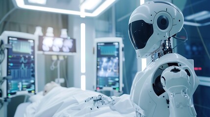 A futuristic medical robot stands next to a patient's bed in a hospital room.