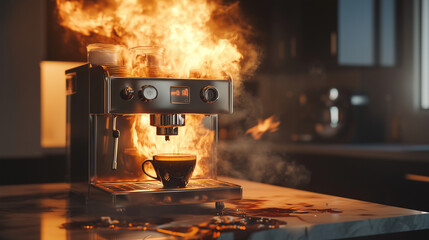 Coffee Machine Engulfed in Flames on Kitchen Counter – Photorealistic Fire and Smoke Scene