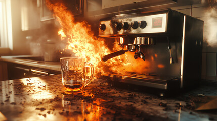 Coffee Machine Engulfed in Flames on Kitchen Counter – Photorealistic Fire and Smoke Scene