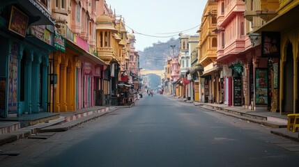 Fototapeta premium The vibrant streets of Jaipur, lined with colorful buildings and markets, completely empty, showcasing India's cultural richness in silence